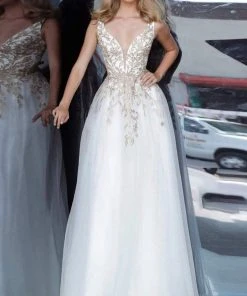 JVN By Jovani Jovani - JVN2302 Embroidered Applique Plunging V-Neck Gown