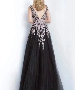 JVN By Jovani Jovani - JVN2302 Embroidered Applique Plunging V-Neck Gown