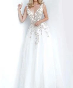 JVN By Jovani Jovani - JVN2302 Embroidered Applique Plunging V-Neck Gown