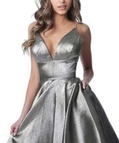 JVN By Jovani Jovani - JVN3782 Metallic Plunging V-Neck Dress
