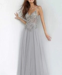 JVN By Jovani Formal Gowns Jovani - JVN4396 Embellished Plunging V-neck Ballgown