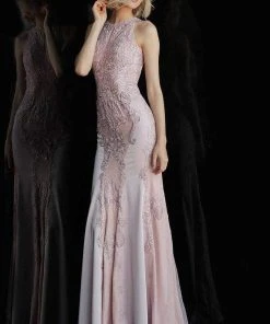 JVN By Jovani Jovani - JVN55869 Beaded Lace Halter Sheath Dress Formal Gowns