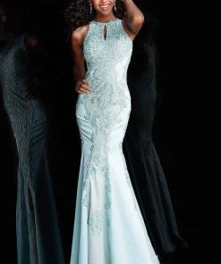 JVN By Jovani Jovani - JVN55869 Beaded Lace Halter Sheath Dress Formal Gowns