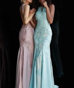 JVN By Jovani Jovani - JVN55869 Beaded Lace Halter Sheath Dress Formal Gowns