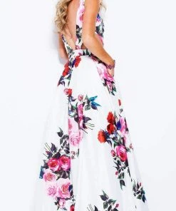 JVN By Jovani Jovani - JVN59146 V-neck Side Cutouts Floral A-line Gown Formal Gowns