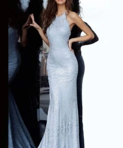 JVN By Jovani Formal Gowns Jovani - JVN60137 Sequined Jersey Halter Long Gown