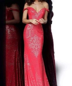 JVN By Jovani Jovani - JVN60139 Patterned Sparkle Off Shoulder Long Gown