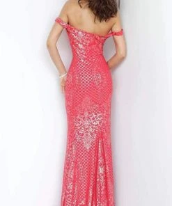 JVN By Jovani Jovani - JVN60139 Patterned Sparkle Off Shoulder Long Gown