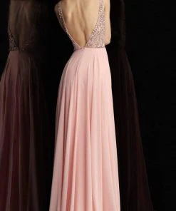 JVN By Jovani Jovani - JVN60467 Embellished Deep V-neck Chiffon A-line Dress