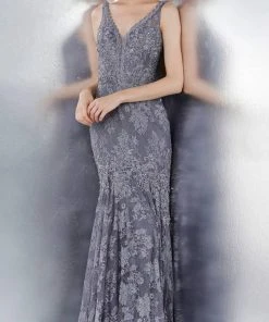 JVN By Jovani Jovani - JVN62490 Embellished Lace Plunging V-neck Trumpet Dress Formal Gowns