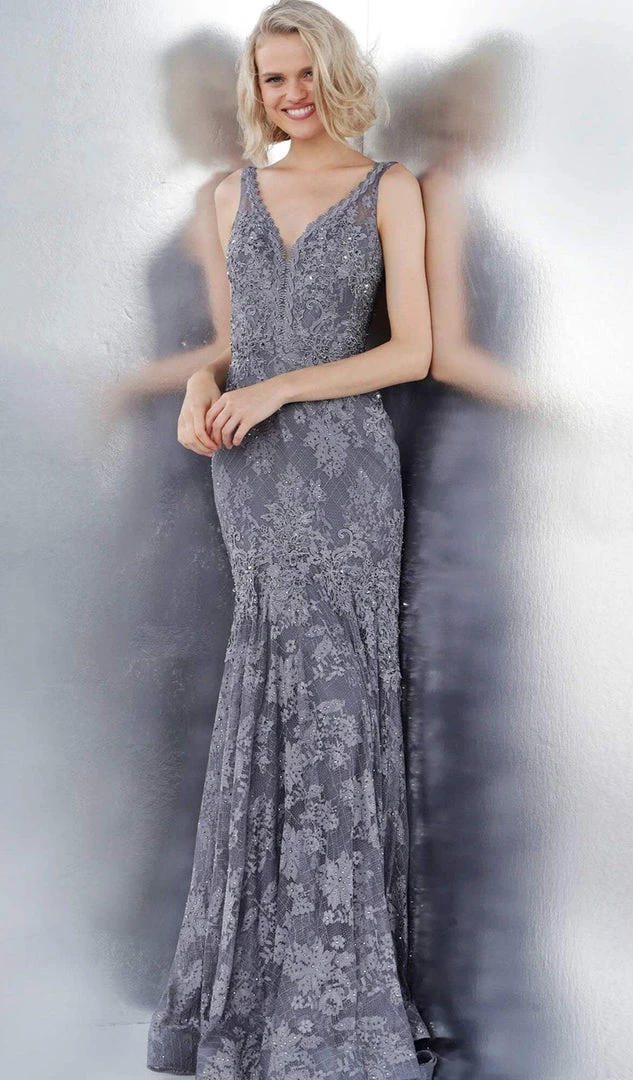 JVN By Jovani Jovani - JVN62490 Embellished Lace Plunging V-neck Trumpet Dress Formal Gowns 3 JVN By Jovani Jovani - JVN62490 Embellished Lace Plunging V-neck Trumpet Dress Formal Gowns