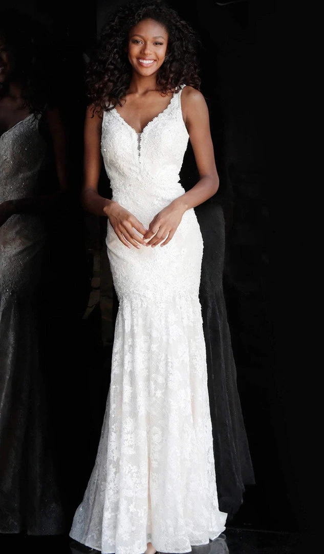 JVN By Jovani Jovani - JVN62490 Embellished Lace Plunging V-neck Trumpet Dress Formal Gowns 5 JVN By Jovani Jovani - JVN62490 Embellished Lace Plunging V-neck Trumpet Dress Formal Gowns