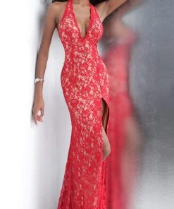 JVN By Jovani Jovani - JVN63391 Fully Lace Deep Halter V-neck Trumpet Dress