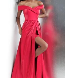 JVN By Jovani Jovani - JVN64244 Off-Shoulder Pleated A-line Dress With Slit And Train