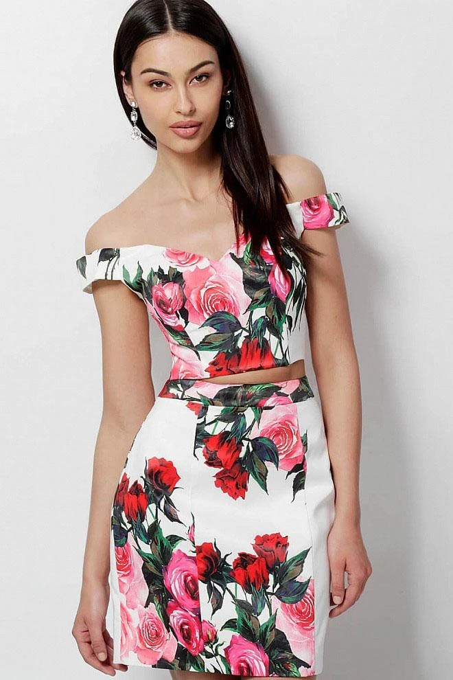JVN By Jovani Jovani - JVN64961 Floral Printed Off-shoulder Sheath Mini Dress Cocktail Dresses 5 JVN By Jovani Jovani - JVN64961 Floral Printed Off-shoulder Sheath Mini Dress Cocktail Dresses