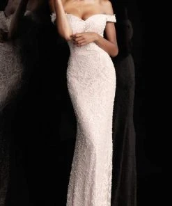 JVN By Jovani Formal Gowns Jovani - JVN66695 Lace Off-Shoulder Trumpet Dress With Mini Train