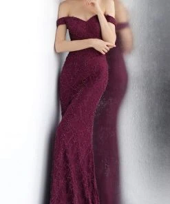 JVN By Jovani Formal Gowns Jovani - JVN66695 Lace Off-Shoulder Trumpet Dress With Mini Train