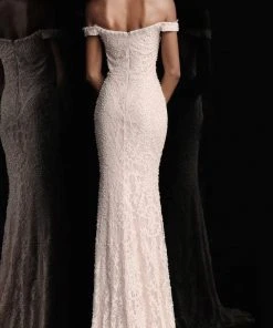 JVN By Jovani Formal Gowns Jovani - JVN66695 Lace Off-Shoulder Trumpet Dress With Mini Train