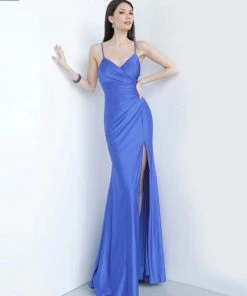 JVN By Jovani Formal Gowns Jovani - JVN66714 Gathered Surplice High Slit Gown