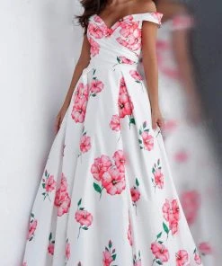 JVN By Jovani Formal Gowns Jovani - JVN66895 Floral Printed Pleated Off-Shoulder Ballgown