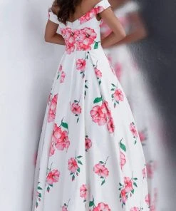 JVN By Jovani Formal Gowns Jovani - JVN66895 Floral Printed Pleated Off-Shoulder Ballgown 5 JVN By Jovani Formal Gowns Jovani - JVN66895 Floral Printed Pleated Off-Shoulder Ballgown