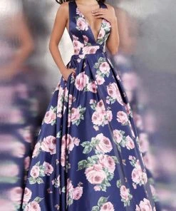 JVN By Jovani Jovani - JVN66938 Plunging Floral Print Satin Ballgown