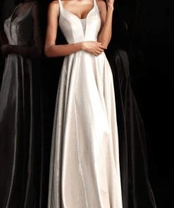 JVN By Jovani Formal Gowns Jovani - JVN67050 Metallic Plunging Sweetheart A-Line Gown