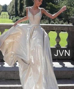 JVN By Jovani Formal Gowns Jovani - JVN67050 Metallic Plunging Sweetheart A-Line Gown