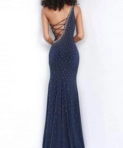 Formal Gowns Jovani - Lace Up Beaded Trumpet Gown 1170SC - 1 Pc Navy In Size 8 Available