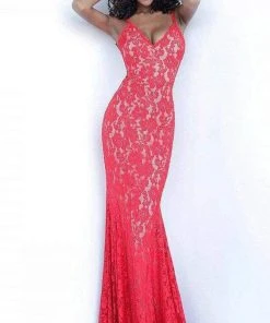 Jovani - Lace V-Neck Trumpet Dress 68005ASC - 2 Pc Red In Size 4 And 6 Available Formal Gowns