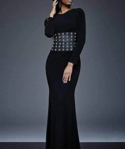 Jovani - M309SC Long Sleeve V-Back Evening Dress - 1 Pc Black In Size 2 Available Formal Gowns