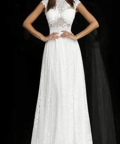 Jovani - M54822 Illusion High Neck Lace A-Line Gown Formal Gowns