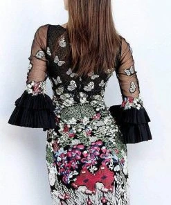 Jovani - M59589 Bell Sleeve Nature Inspired Sheath Dress