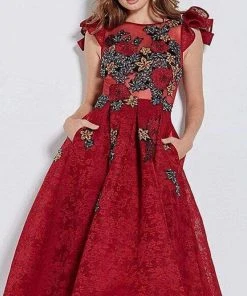 Jovani - M59787 Floral Embroidered Pleated Tea Length Dress