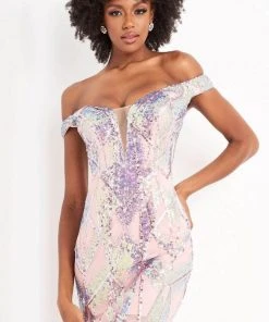 Jovani - Off Shoulder Iridescent Sequin Dress 05101SC - 1 Pc Pink In Size 4 Available