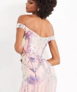 Jovani - Off Shoulder Iridescent Sequin Dress 05101SC - 1 Pc Pink In Size 4 Available
