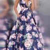 JVN By Jovani Jovani - Plunging Blossom Print Ballgown JVN66938ASC - 1 Pc Navy/Print In Sizes 0 Available