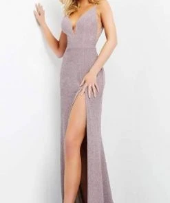 Jovani - Plunging V-Neck Backless Glittered High Slit Gown 02914SC - 1 Pc Ultra Violet In Size 0 Available
