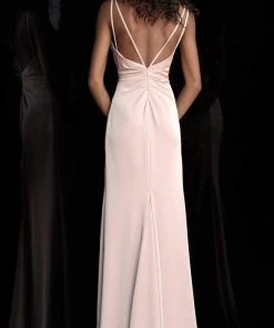 JVN By Jovani Formal Gowns Jovani - Plunging V-Neck Dual Straps Sheath Dress JVN61571SC - 1 Pc Wine In Size 2 Available