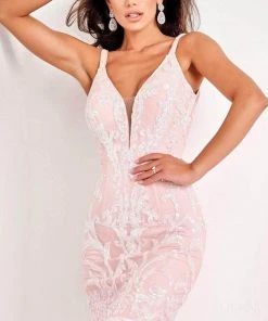 Jovani - Plunging V-Neck Sequined Dress 2667SC - 1 Pc Blush/White In Size 10 Available Cocktail Dresses