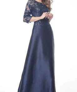 Jovani - Quarter Sleeve Embellished A-Line Dress 61170SC - 1 Pc Navy In Size 12 Available Formal Gowns