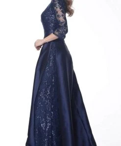 Jovani - Quarter Sleeve Embellished A-Line Dress 61170SC - 1 Pc Navy In Size 12 Available Formal Gowns