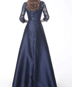 Jovani - Quarter Sleeve Embellished A-Line Dress 61170SC - 1 Pc Navy In Size 12 Available Formal Gowns