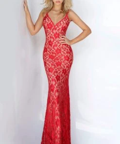 Formal Gowns Jovani - Rhinestone Studded Backless Lace Dress 00782SC