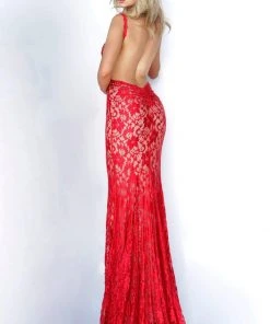 Formal Gowns Jovani - Rhinestone Studded Backless Lace Dress 00782SC