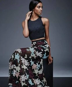 Jovani - Scoop Neck And Floral Print Two-Piece Evening Dress M405