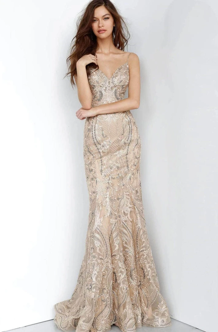 JVN By Jovani Formal Gowns Jovani - Spaghetti Strap Fitted Evening Dress JVN00916SC - 1 Pc Gold In Size 8 Available 3 JVN By Jovani Formal Gowns Jovani - Spaghetti Strap Fitted Evening Dress JVN00916SC - 1 Pc Gold In Size 8 Available