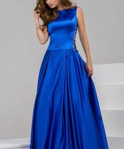 Jovani - Stunning Satin Boat Neckline V Back Ball Gown 42470
