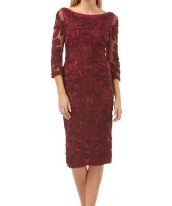 JS Collections - 866567 Sheer Quarter Sleeve Soutache Sheath Dress