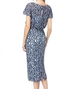Plus Size Dresses JS Collections - 866800 Short Sleeves Blouson Lace Sheath Midi Dress